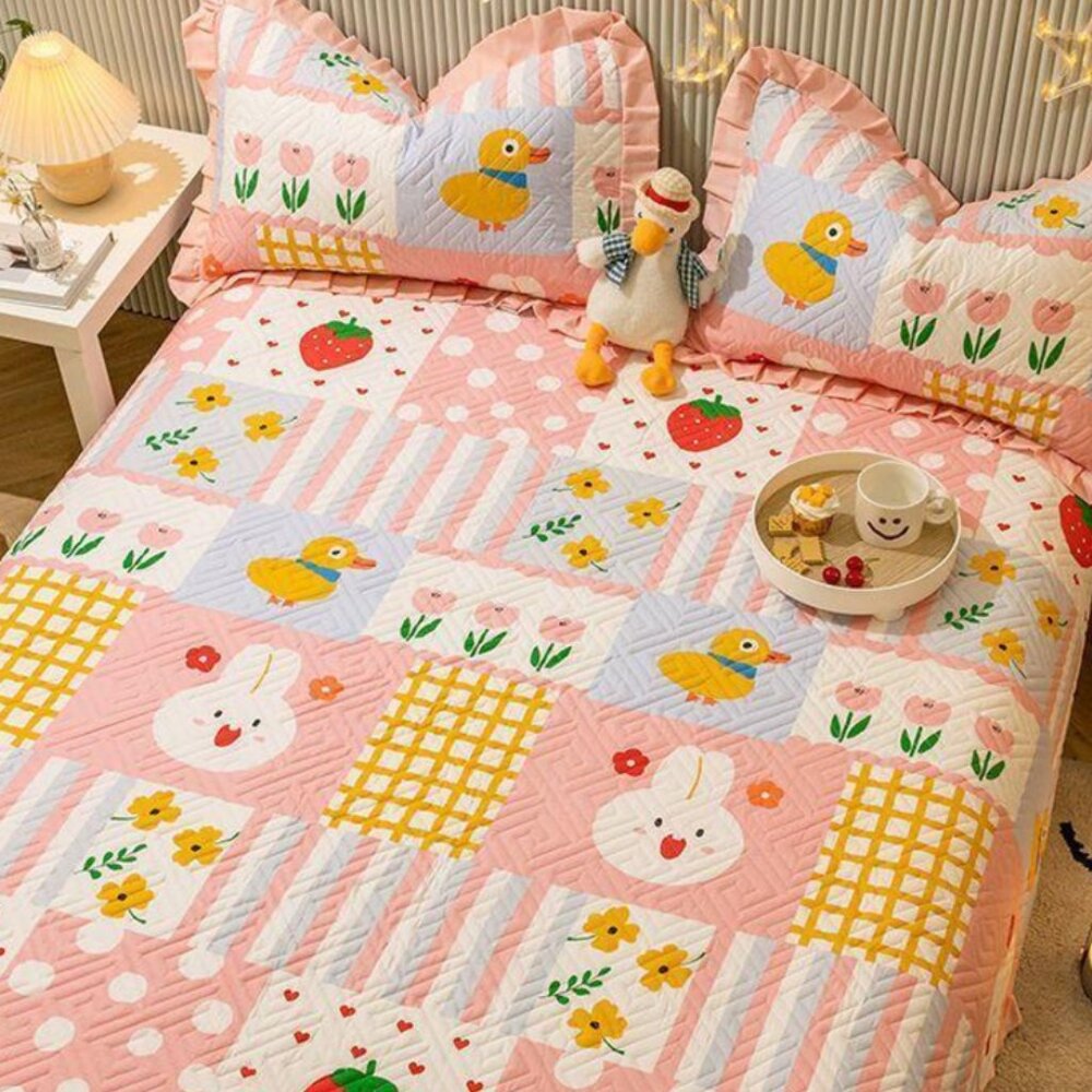 Rabbits Strawberry Bedding Set | Quilt Bedsheet Pillowcase Kid Room Bedroom #776